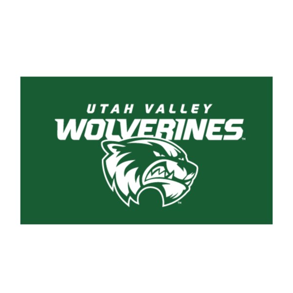 3x5 foot green flag with a white UVU logo sewn on the front with a sleeve to hang on a pole